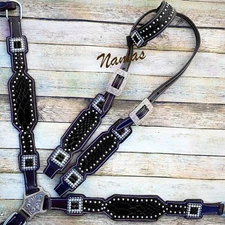 Black Gator One Ear  Leather Bridle Headstall + Breast Collar Tack Set For Horse