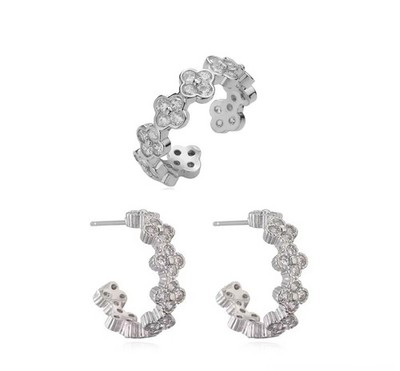 Four Leaf Clover Silver Plated Earrings and Adjustable Ring Set 