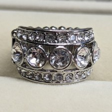 New Clear Rhinestones 3 Row Crystal Stretch Ring Women Silver Tone Statement