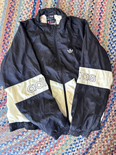Vintage 90s Adidas Windbreaker Jacket Men’s L Black Cream Trefoil Full Zip
