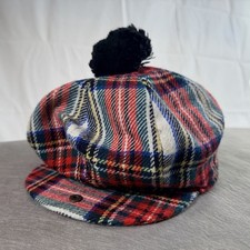 Vintage Scottish Tartan Tam Hat Wool Newsboy Cap Pom Pom 7 1/4 UK Golf/ Cabbie