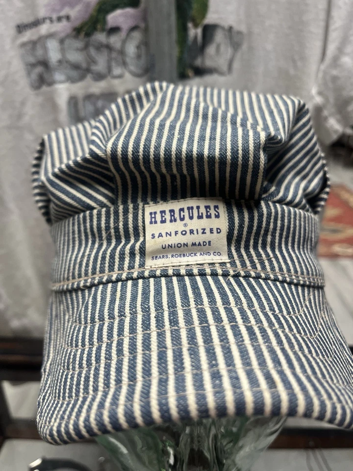 Vintage RARE 1950s Union Made Hercules Striped Denim Conductor Cap OS - Image 2 of 4