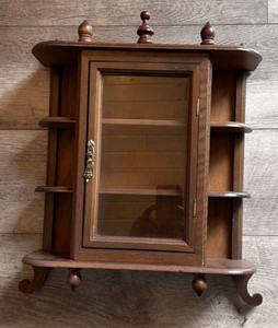 Vintage Small Cabinet Wood 2 Shelves Glass Door Footed Wall Hanging 17"
