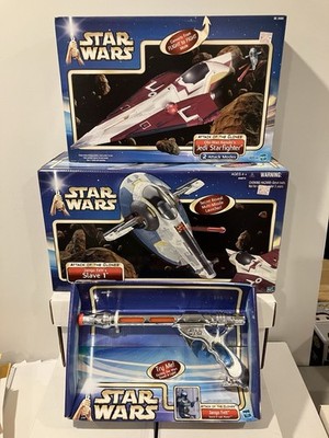 2001 Hasbro Star Wars AOTC LOT Jango Slave I & BLASTER,OBI WAN Starfighter MISB!