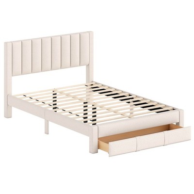 Queen Size Bed Frame w/Storage Drawer & Vertical Channel Headboard,Beige