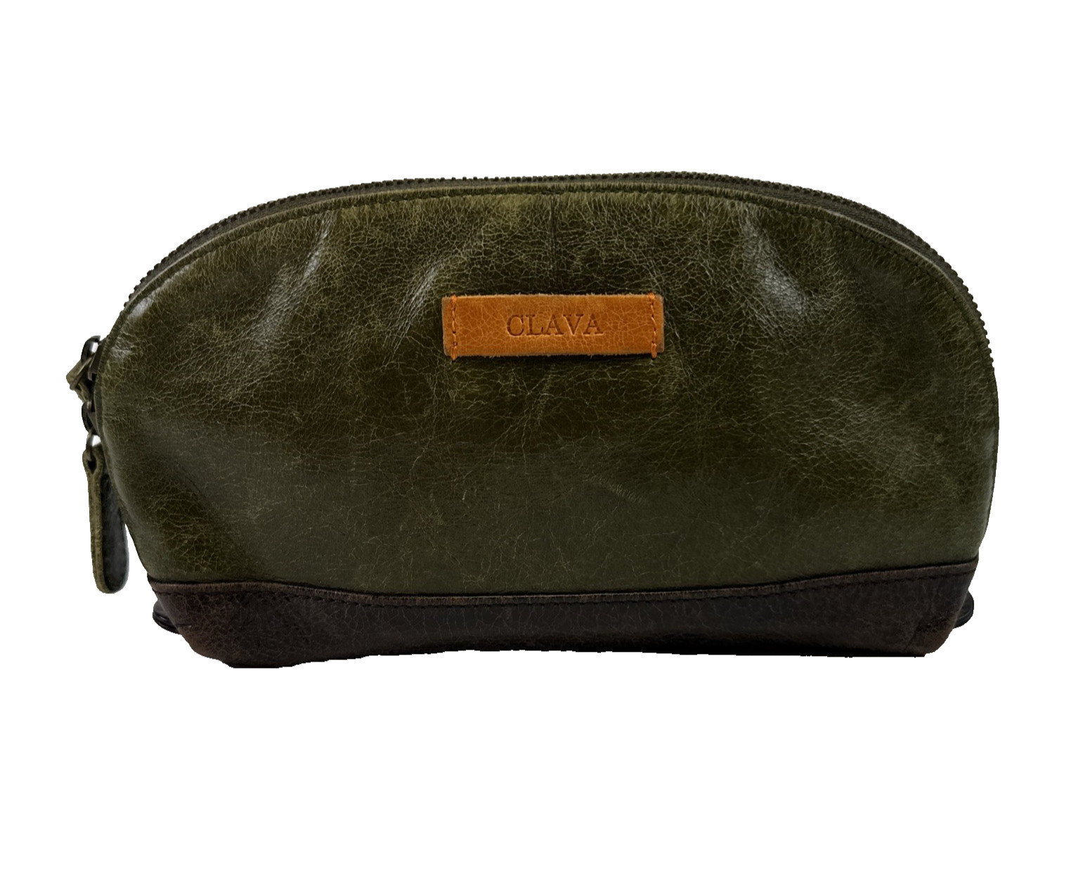 CLAVA Leather Accessory Clutch Pouch Green Brown Leather Zip