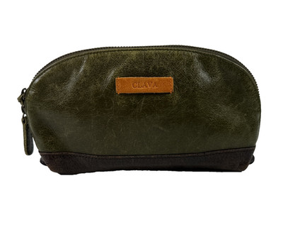 CLAVA Leather Accessory Clutch Pouch Green Brown Leather Zip Around Small Travel