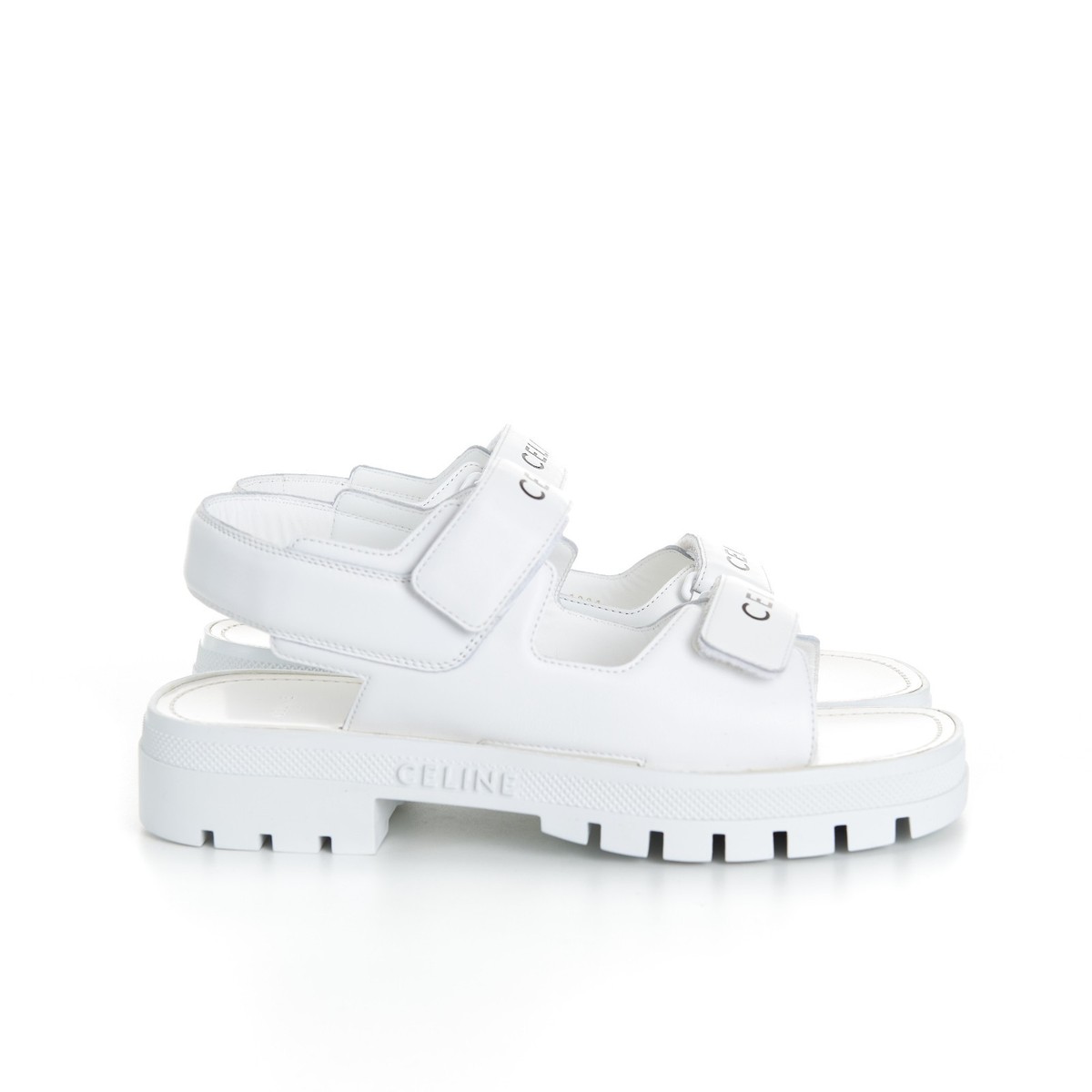 CELINE 850$ Men's White Leather LEO Sandals - Calfskin, Logo Print