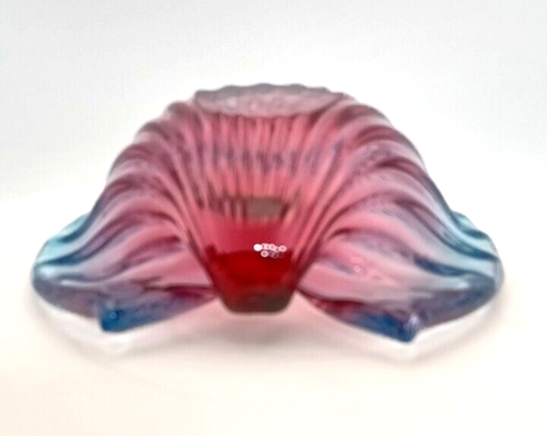 PORTACENERE VINTAGE ITALIANO MURANO A COSTINE CONCHIGLIA 6" ROSSO/BLU ALFREDO BARBINI c1950 g - Foto 7 di 8