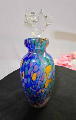 Signed silice creation 1997 Perfume Bottle Art glass colorful orange green blue