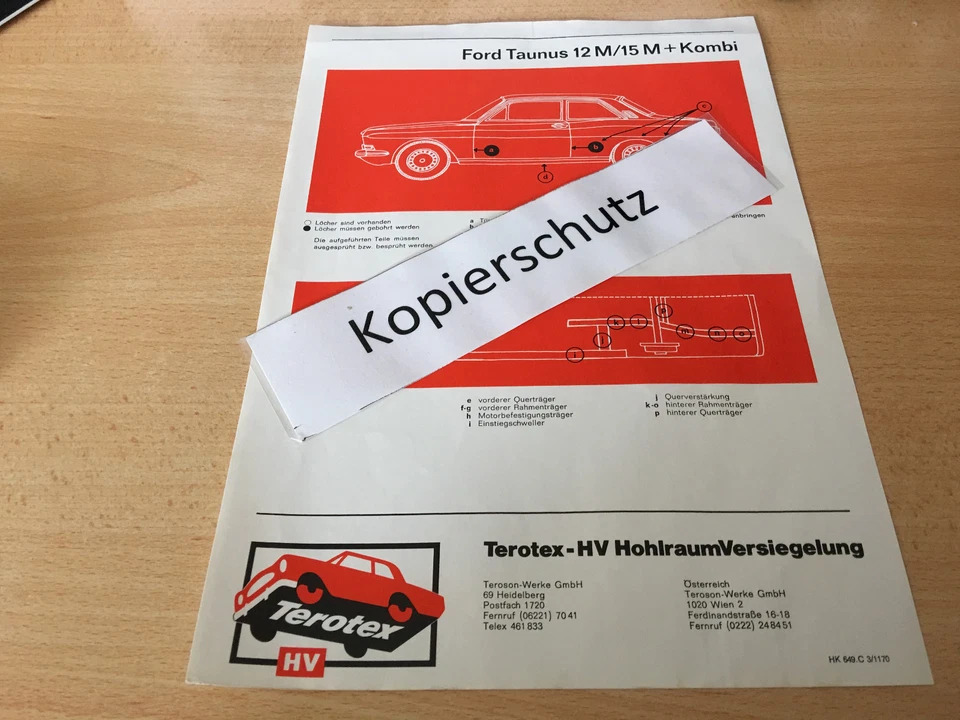 Ford Taunus 12 M und 15 M P 6, Terotex Hohlraumversiegelungsplan - Bild 1 von 1