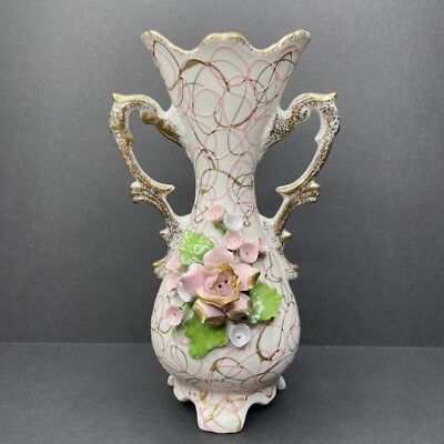 Vintage 1980s Porcelain Rose 7'' Vase Detailed Roses and Rosettes Handmade Carved