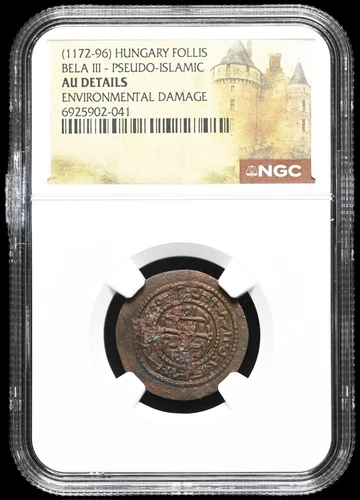 HUNGARY. Bela III. 1172-1196. Æ Follis, Pseudo-Islamic, NGC AU Details
