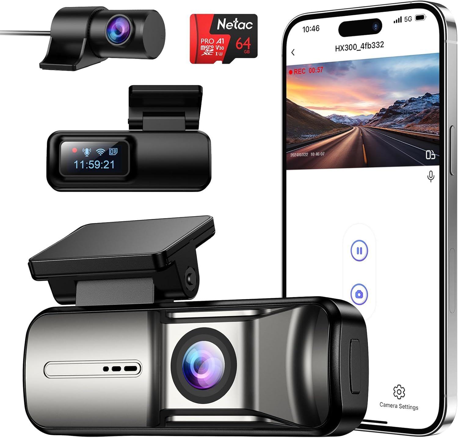 Dash Cam Front and Rear, 2K/720P HD Dash Camera for Cars, Free 64GB Card, 5G Wi-