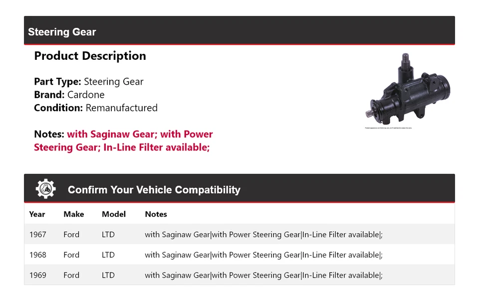 For 1967-1969 Ford LTD Steering Gear Cardone 1968 - Image 2 of 4