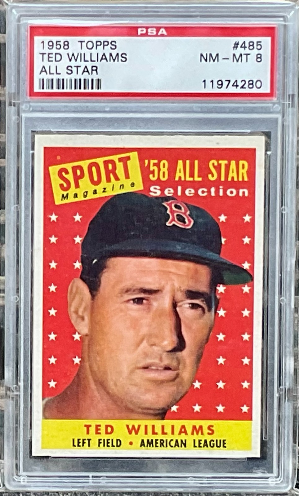 ⚾️ TED WILLIAMS -- 1958 Topps All-Star #485 -- PSA 8 NM-MT -- HOF LEGEND RED SOX