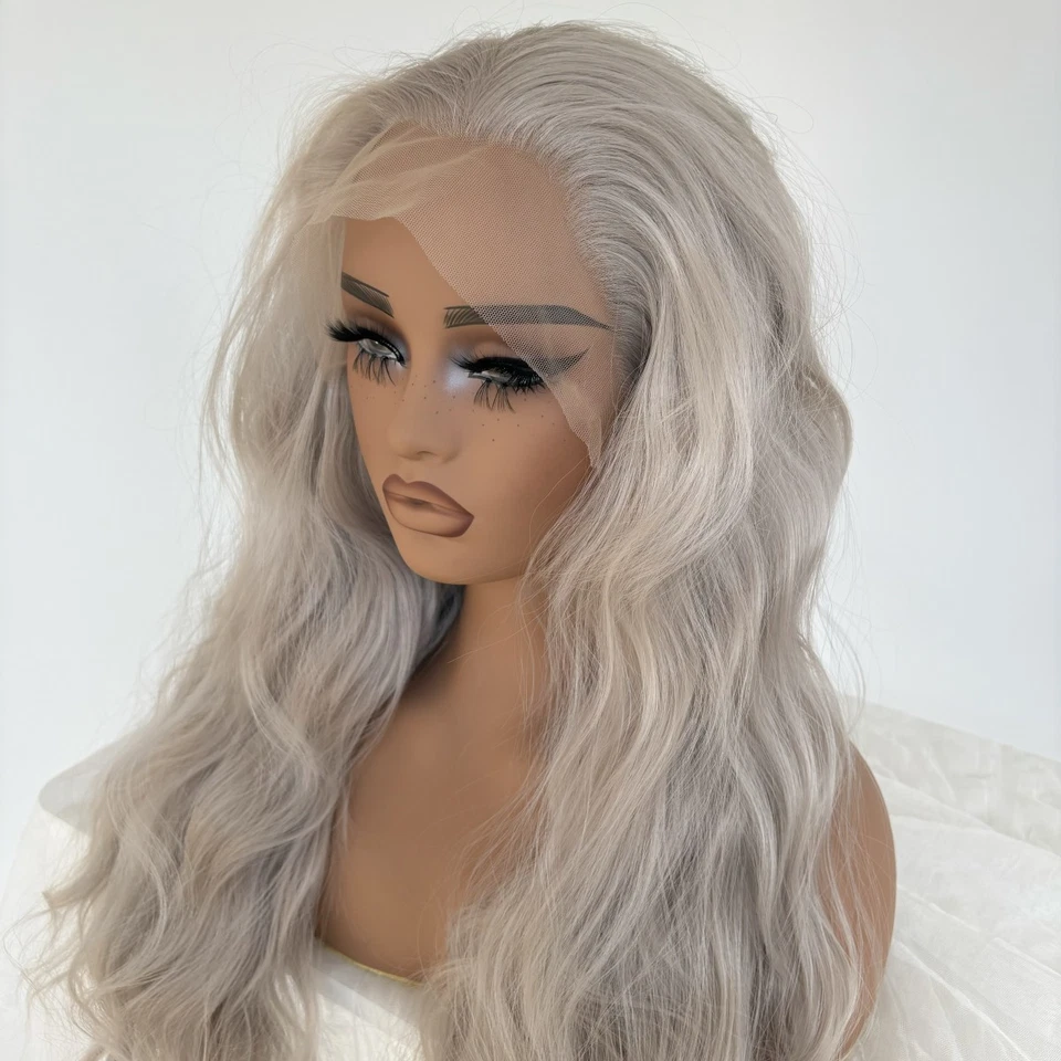 Длинный волнистый натуральный серебристый серый парик с кружевной передней частью многослойные синтетические волосы - Изображение 3 из 4