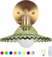 Battery Operated Vintage Wall Sconce w/ Green Flower Pattern Glass Rechargeable