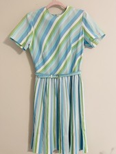 Vintage 1950’s Striped Crepe Shirt Day Dress Fit & Flare Belted Pleated Skirt L