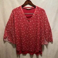 Timeson Women's Blouse Size 2XL Double Layer 3/4 Sleeve V Neck Red White Print