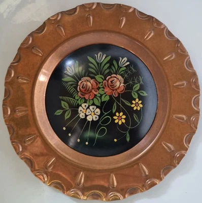 handbemalter Wandteller/ Sammelteller Kupfer Blumenmotiv 20 cm Vintage Folk Art  - Bild 1 von 2