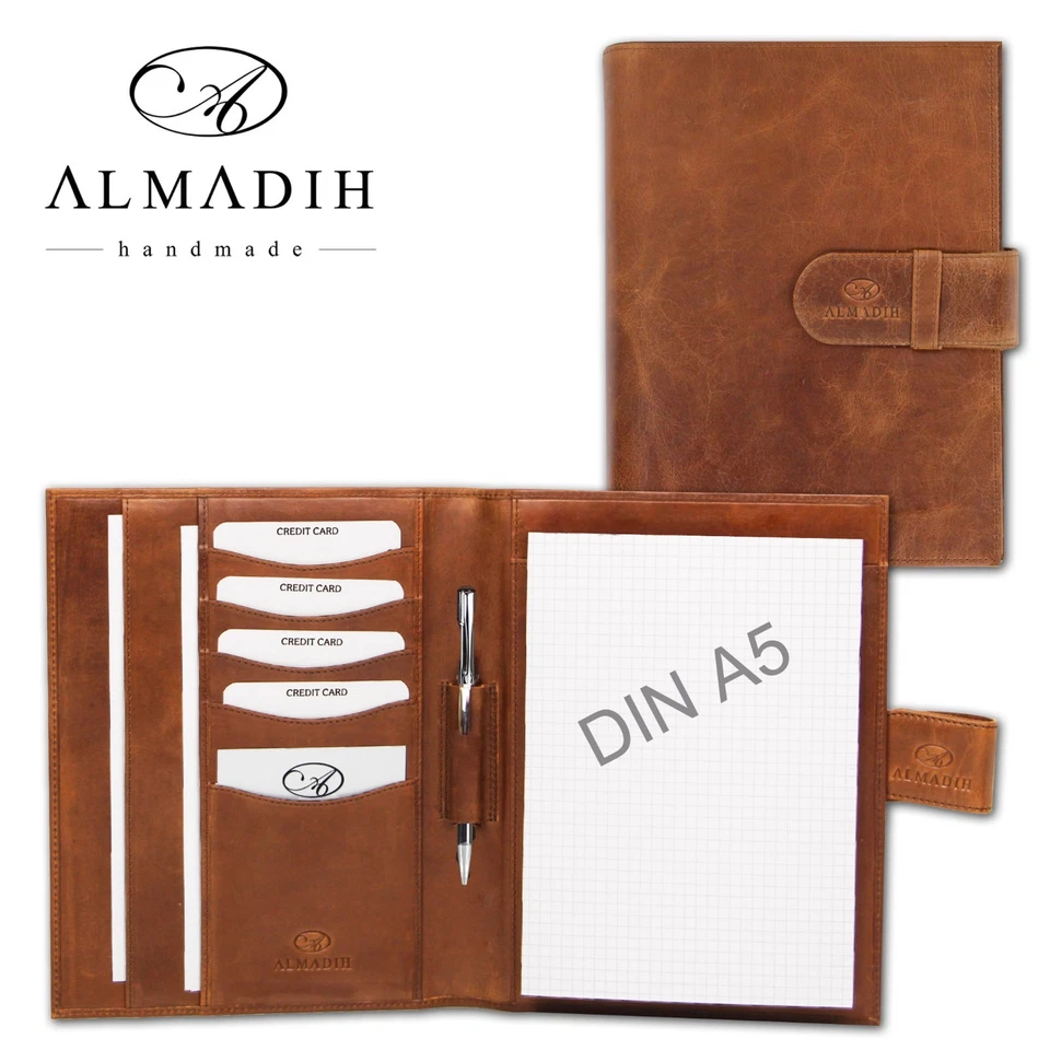 ALMADIH Leder Schreibmappe A5 braun deluxe Ledermappe Konferenzmappe Orgamappe 