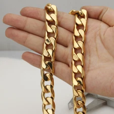 Polished Stainless Steel Gold Plated 8"-40" Cuban Curb Chain Men's Necklace 15mm