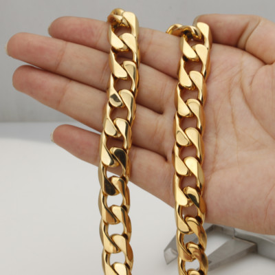 Polished Stainless Steel Gold Plated 8''-40'' Cuban Curb Chain Men's Necklace 15mm