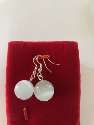 Natürlicher weißer Opal Katzenauge (14 mm) Kugel Ohrhänger Haken Ohrringe