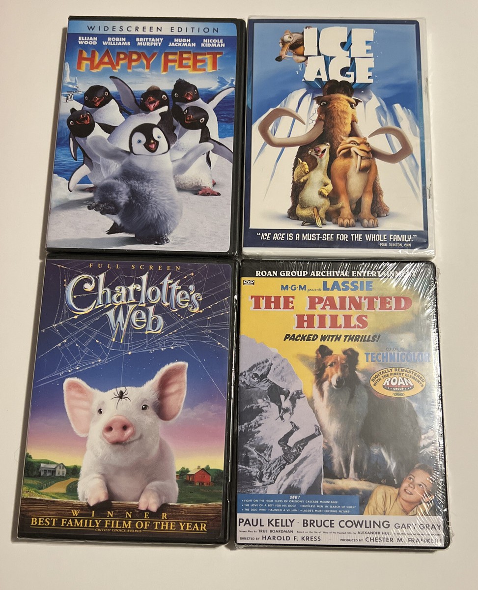 4 DVDs Happy Feet, Ice Age, Charlotte's Web, Lassie - Brand New