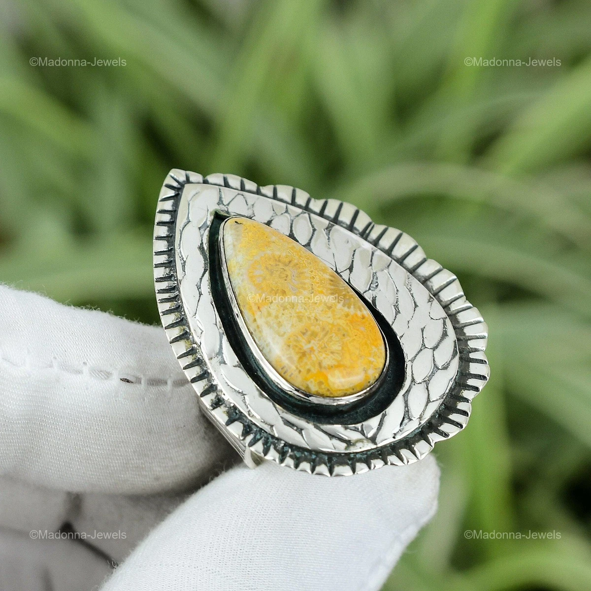 Gift For Her Natural Fossil Coral Solitaire Ring Size 7.75 925
