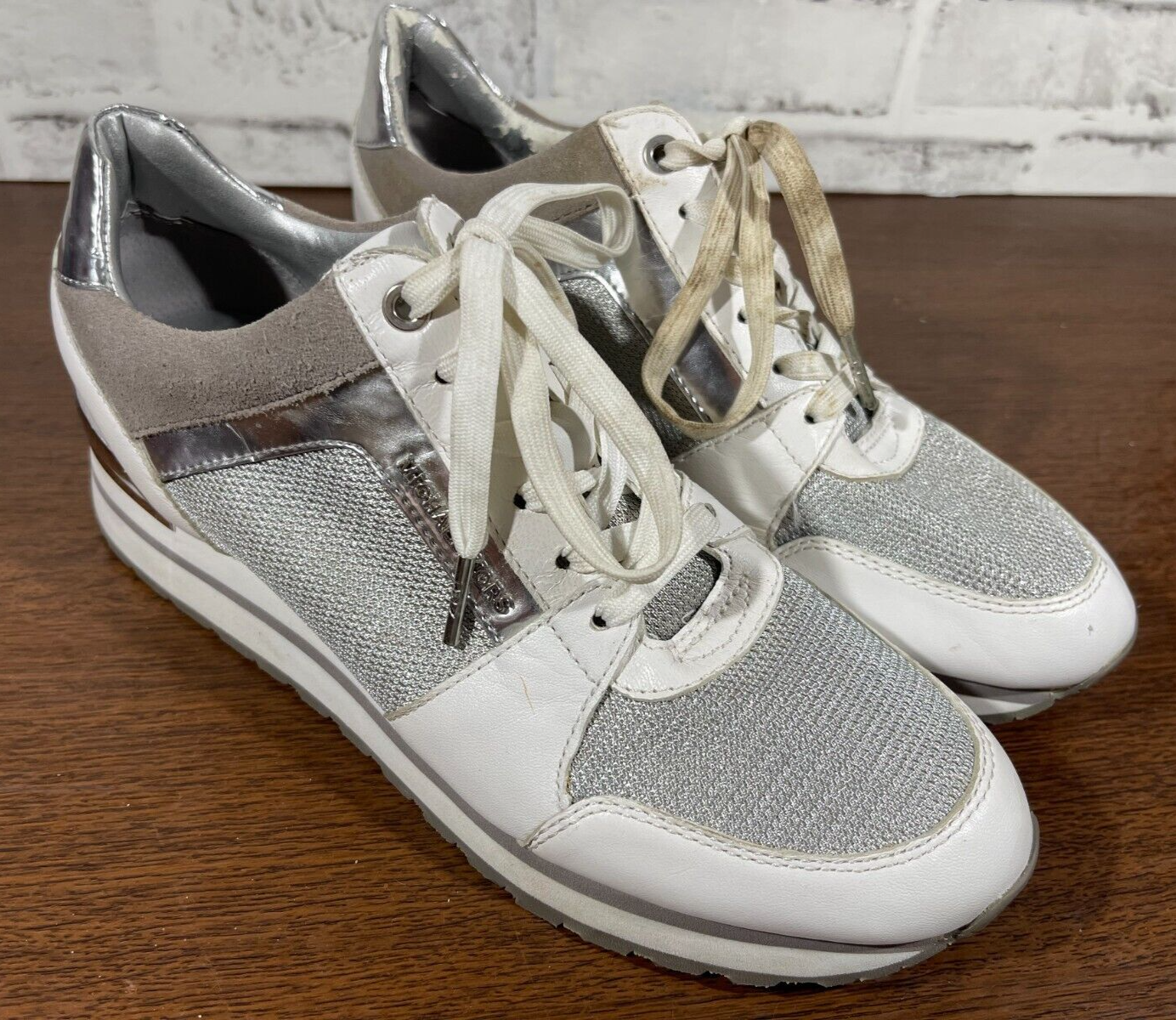 Michael Kors Women’s Silver And White Sneakers Tennis Shoes, US Size 8.5M