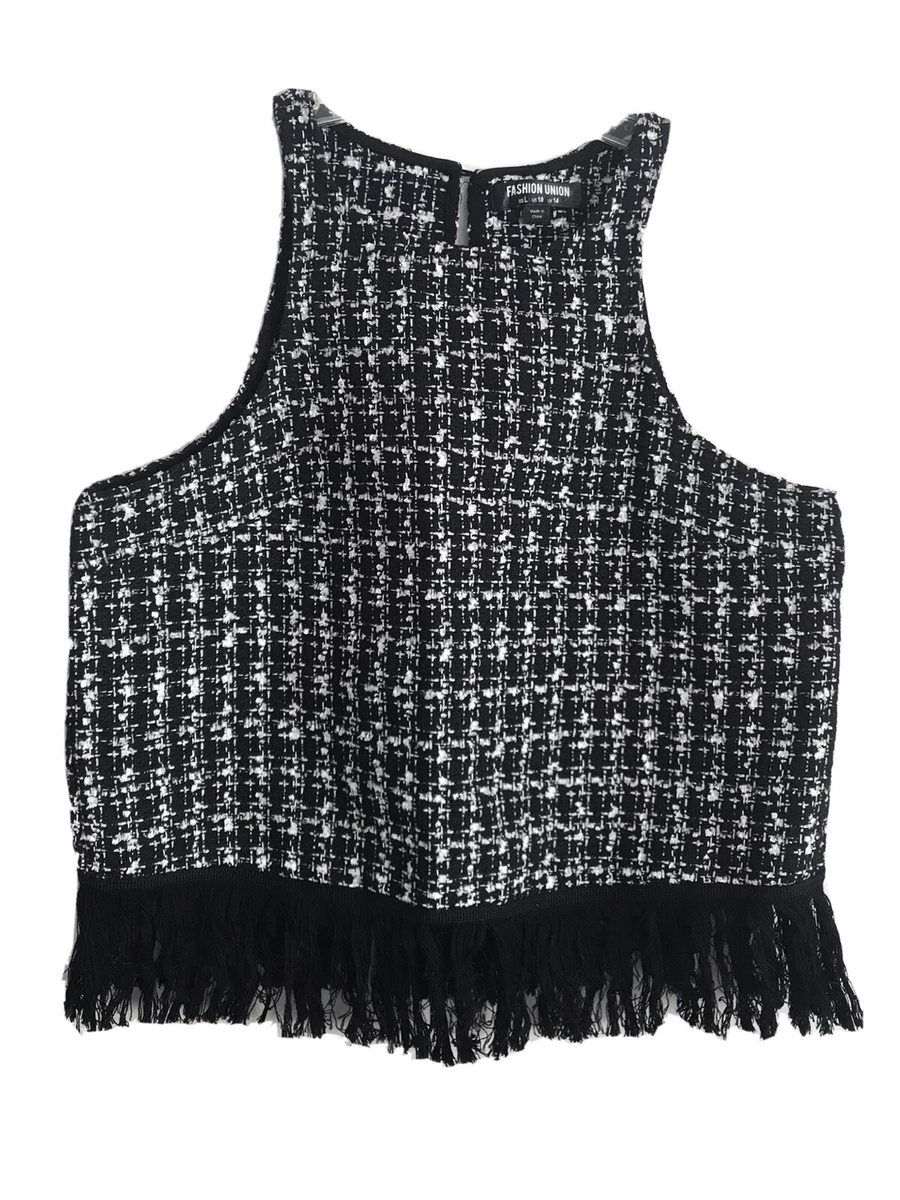 Fashion Union Sz 10 L Boucle Tank Sleeveless Tweed Crop Top Fringe Black White