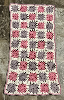 vintage Crochet Afghan pink White purple Granny Squares 44x24in small baby girl