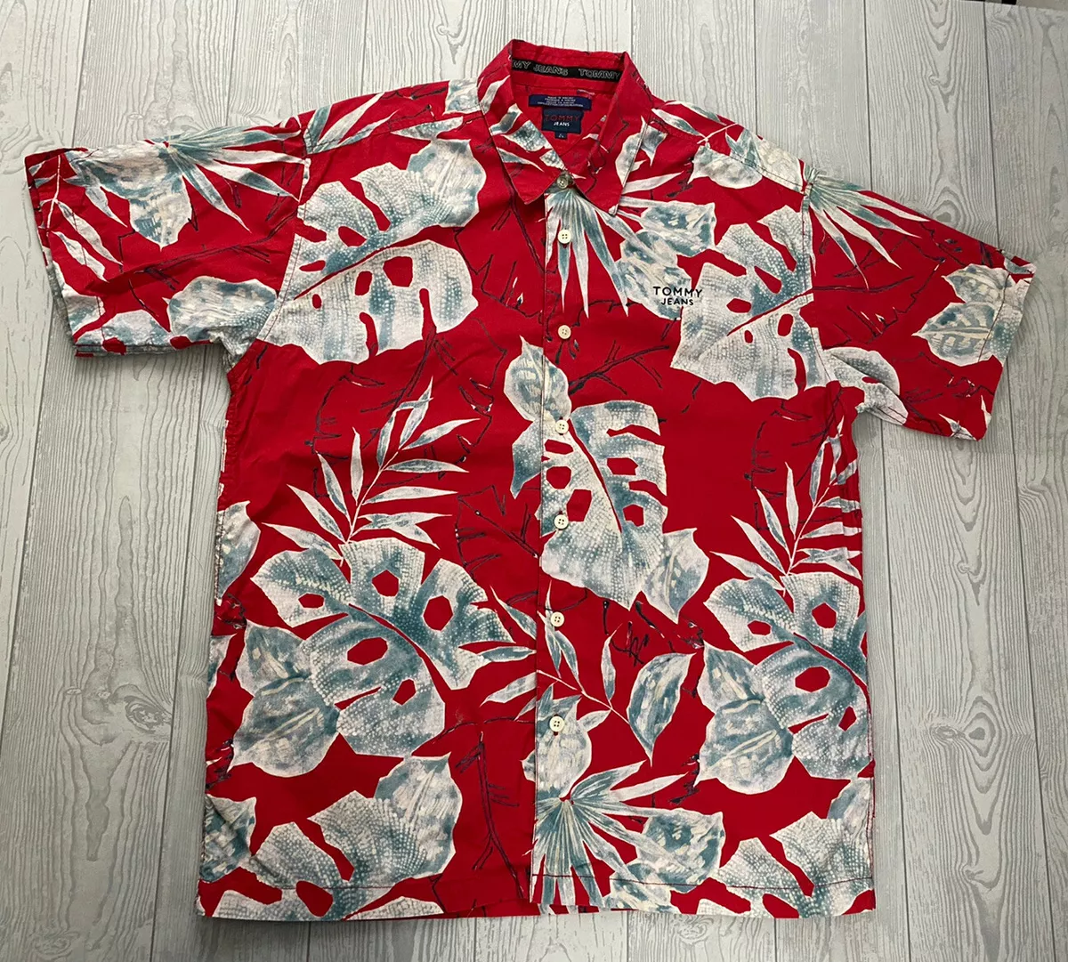 Forsømme Association Skælde ud Vintage Tommy Hilfiger Jeans Large L Hawaiian Shirt Red Floral | eBay