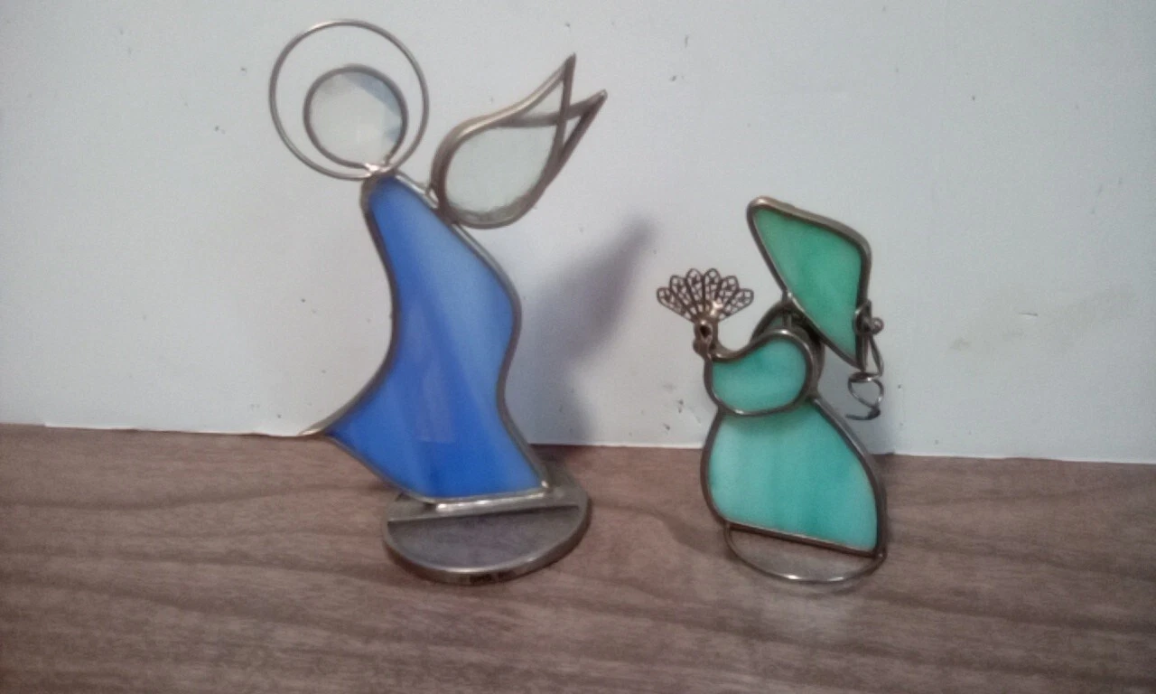 Vintage 2 Stained Glass Figurines Blue Angel & Teal Girl with Fan 1992