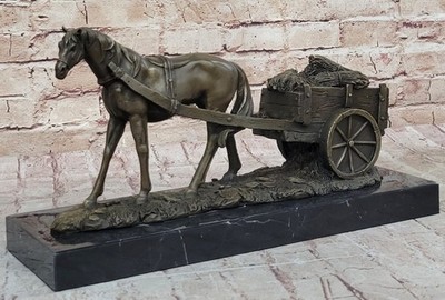 Working Farm Horse with Wagon Bronze Sculpture Statue Figurine Country Art Sale