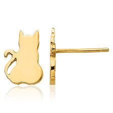 14K Solid Yellow Gold Cat Stud Earrings