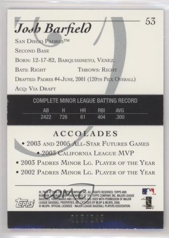 2006 Bowman Originals Blue /249 Josh Barfield #53 - Image 2 of 2