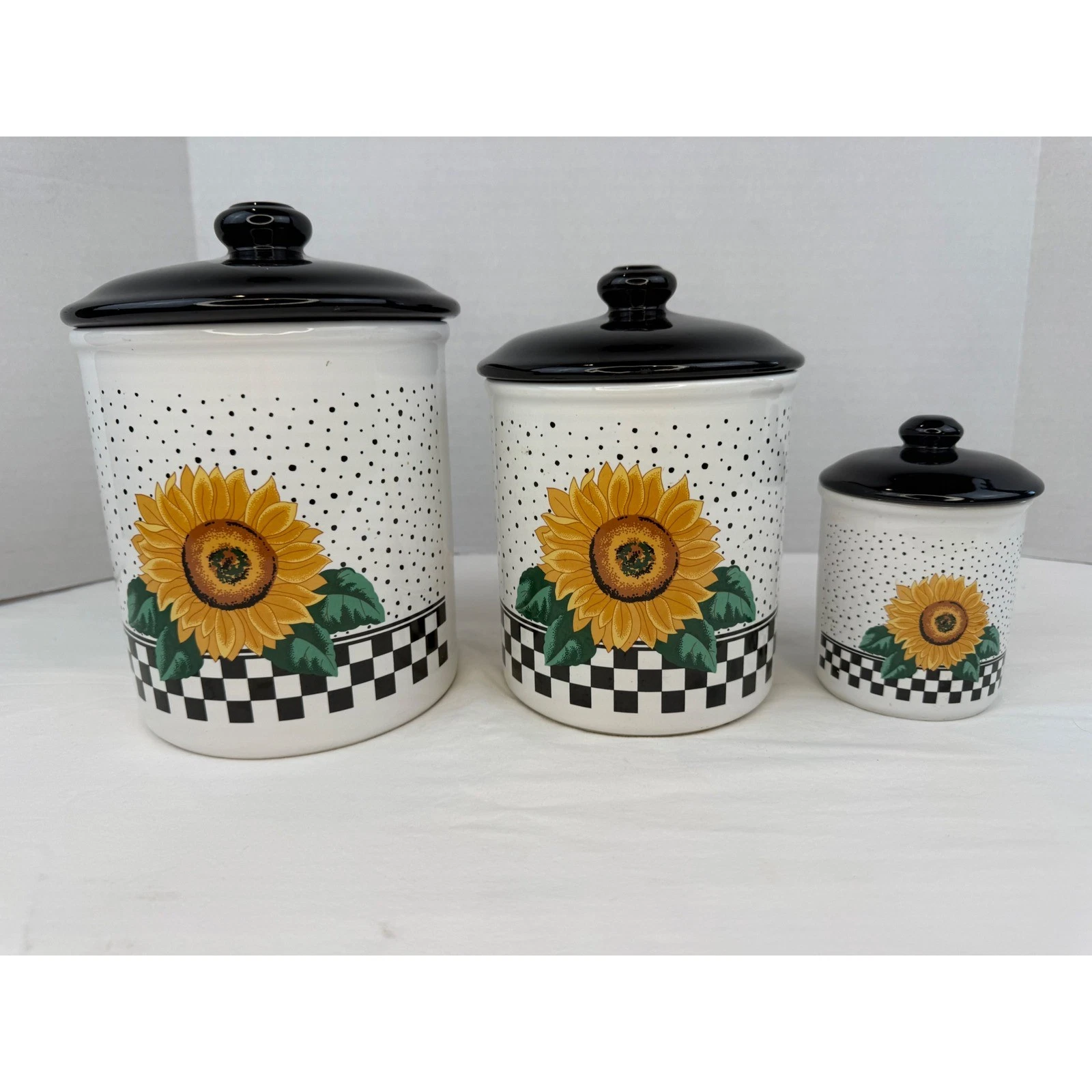 Tabletops Unlimited Sunflower Canister Set 3 Piece Ceramic Checkered Polka Dot
