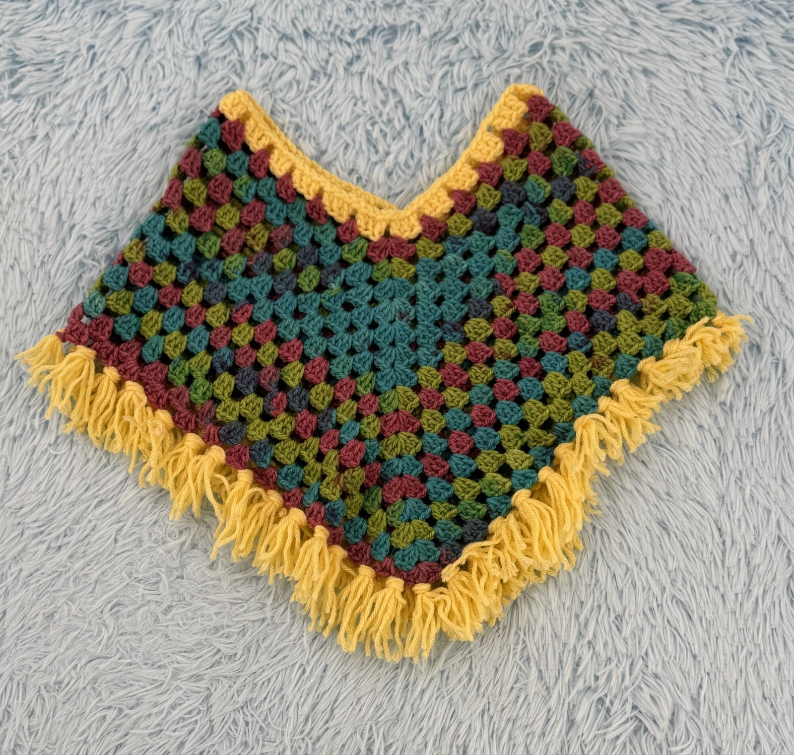 NEW Handmade Crochet Boho Granny Square Poncho Colorful Tones With Fringe V-Neck