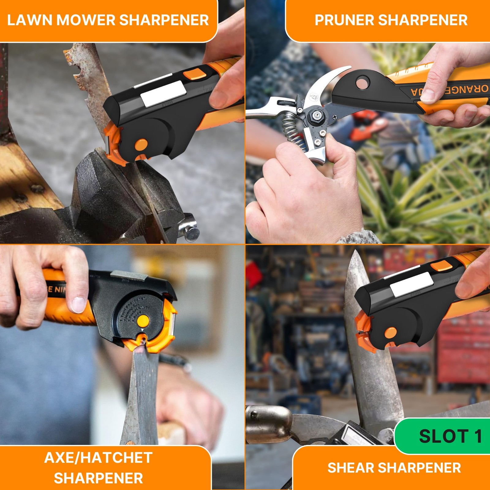Orange Ninja All-in-1 Garden Tool & Knife Sharpener for Lawn Mower Blade, Axe...