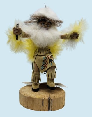 Native American Navajo Made ''Fancy Dancer'' Kachina Doll On Wooden Base Feathers
