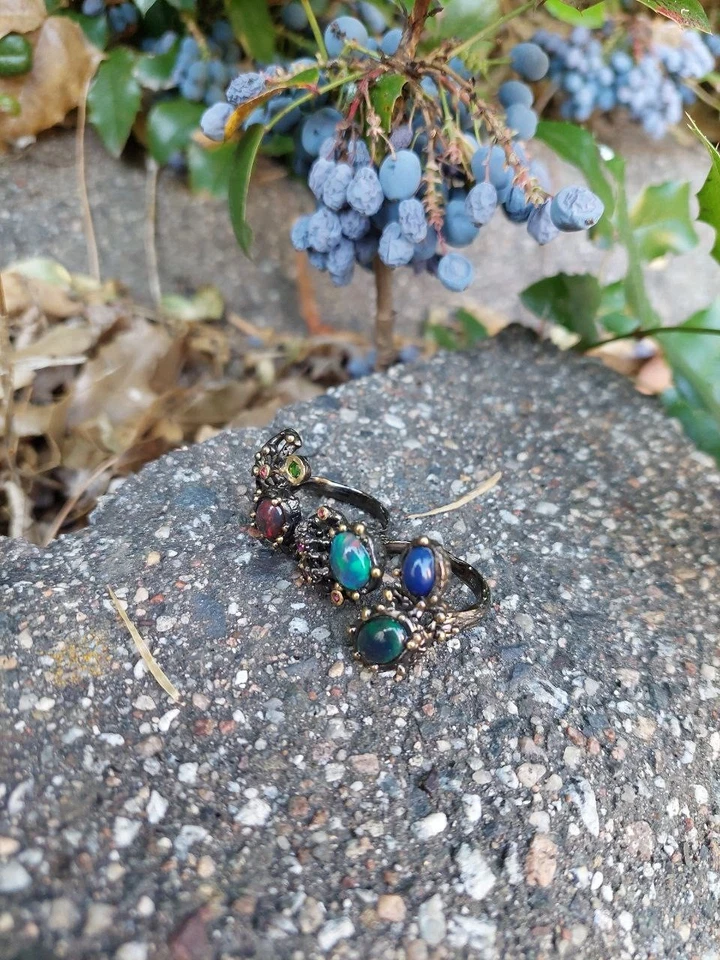 Einzigartiger Zweifingerring 925 Silber mit schwarzen Opal, Granat, Peridot - Bild 3 von 4