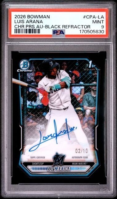 LUIS ARANA 2026 Bowman Chrome AUTO BLACK REFRACTOR PROSPECT RC 02/10 (PSA 9)