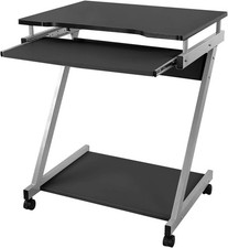 Sleek Black Writing Desk with Wheels and Keyboard Tray for Small Space Solutions