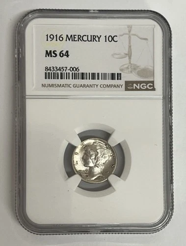 1916 Philadelphia Mint Mercury Silver Dime NGC MS64