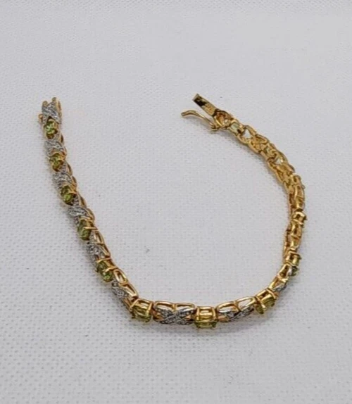 925 STERLING SILVER VERMEIL PERIDOT AND DIAMONDS BRACELET SIZE 7 IN - Image 4 of 4