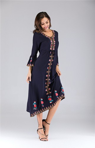 Ukrainian Embroidered Dress Vyshyvanka Boho Dress V-Neck Ethnic Summer Cocktail - Picture 6 of 27