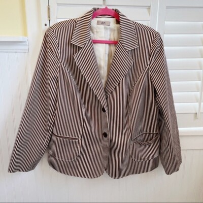 i.e Relaxed Cream & Brown Striped 2-Button Blazer Jacket Plus Size 1X